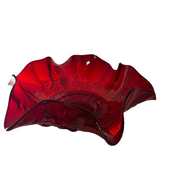 L G Wright 14” Ruby Round Serving Bowl Cadmium Paneled Grape Crimped Ruffle Glow - Picture 8 of 11